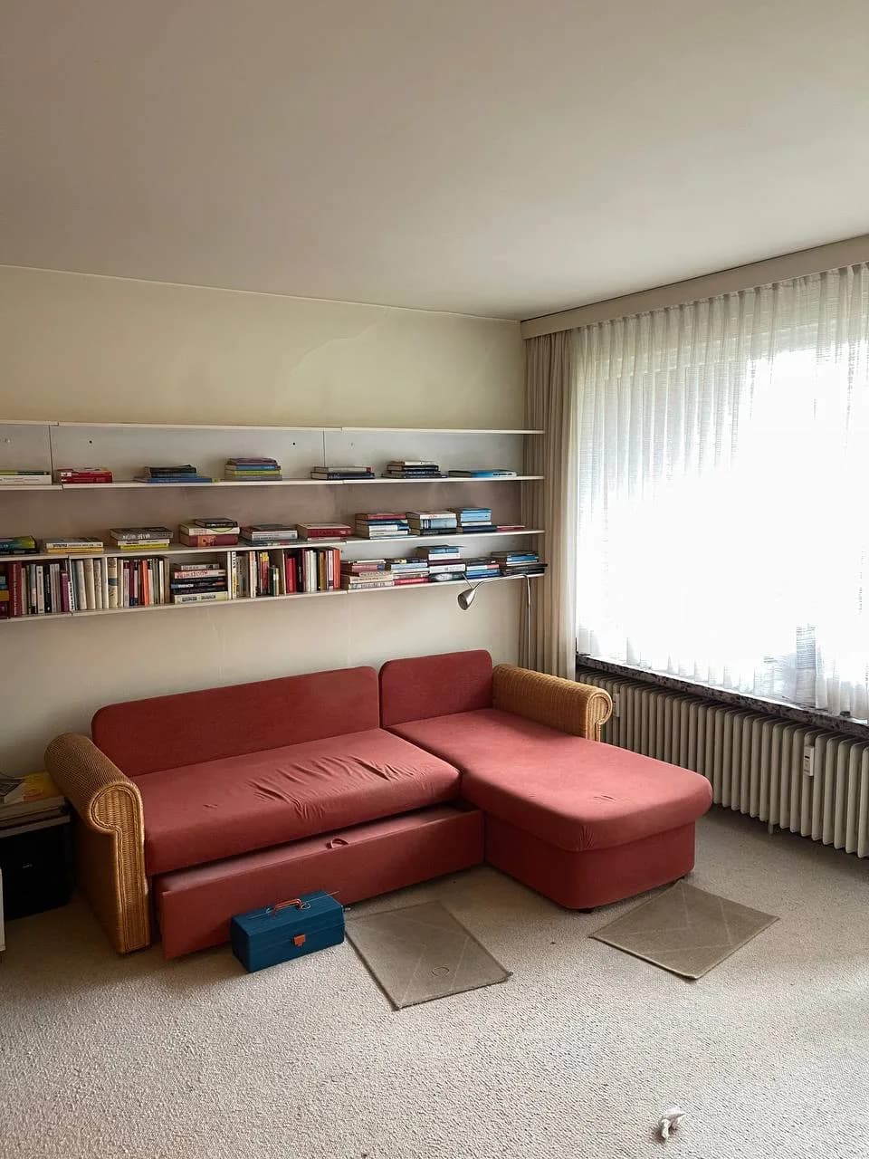 Wohnzimmer mit Bücherregalen und Sofa vor der Wohnungsauflösung